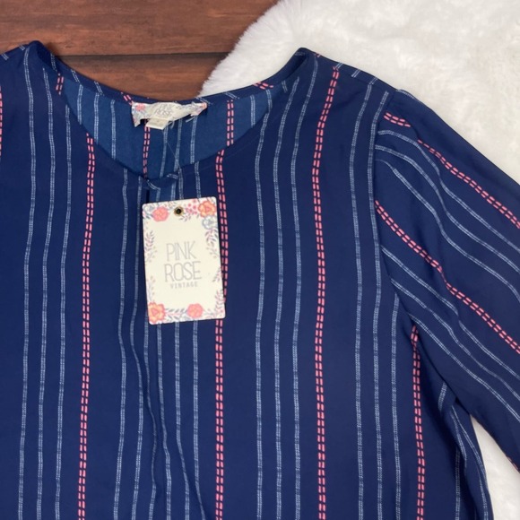 PINK ROSE Striped Navy Tie Knot‎ Scoop Neck Blouse Top Womens Small NWT - Picture 2 of 9